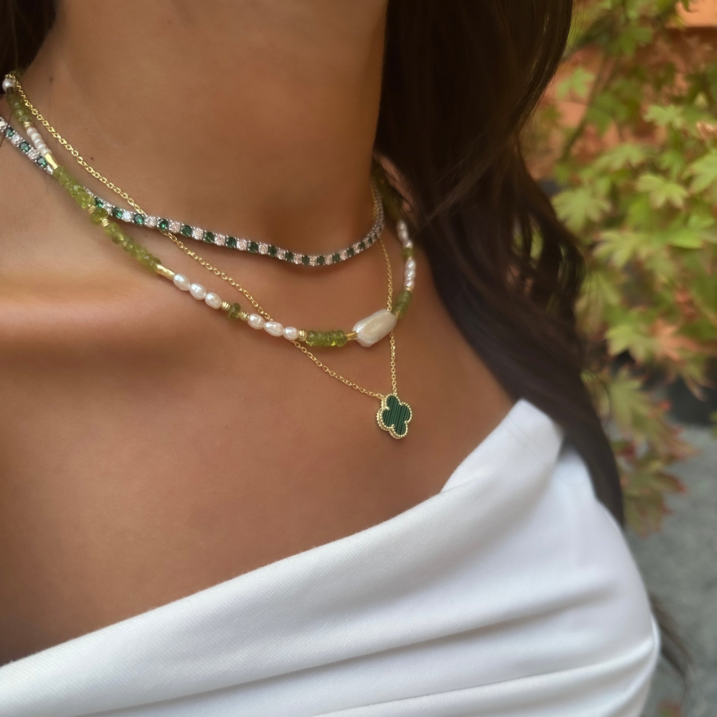 Three mm Green Stone Tennis Necklace