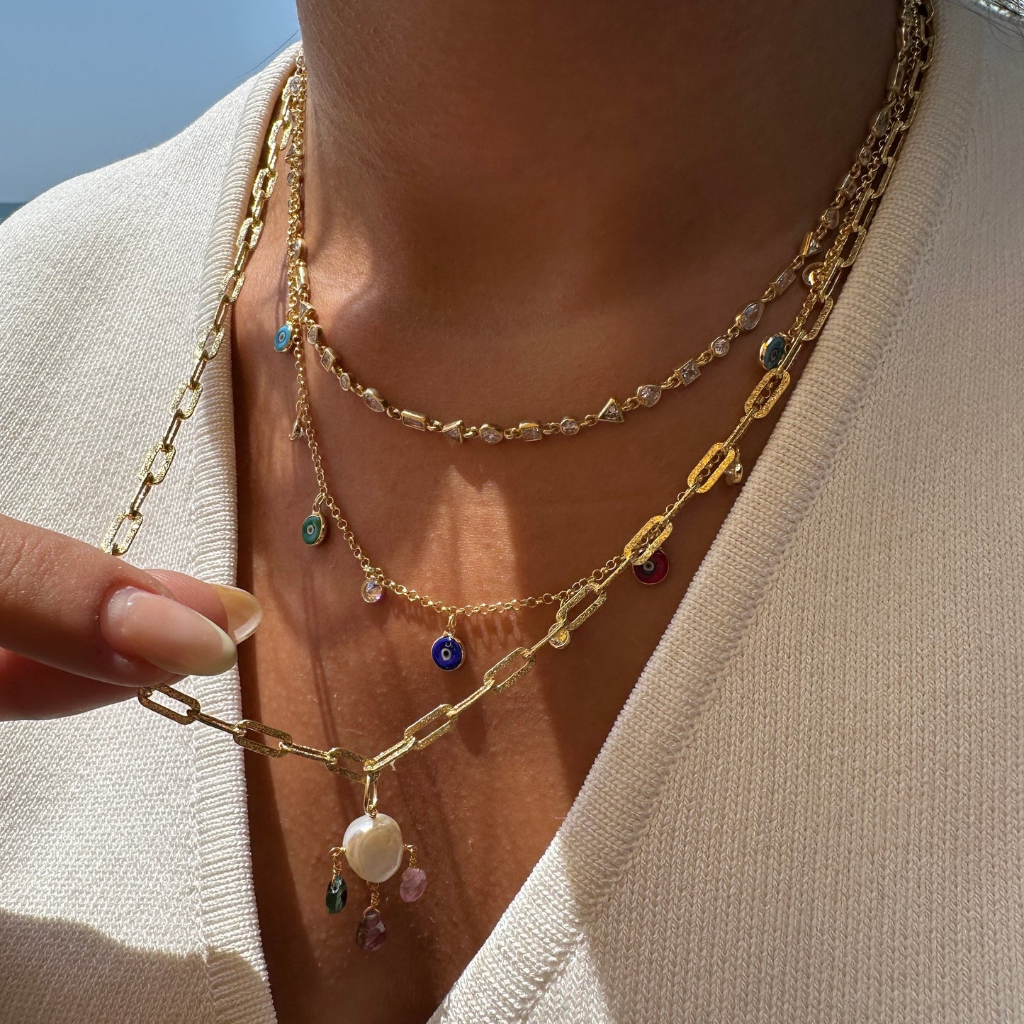 Laser Cut Paperclip Colorful Stone Pearl Necklace