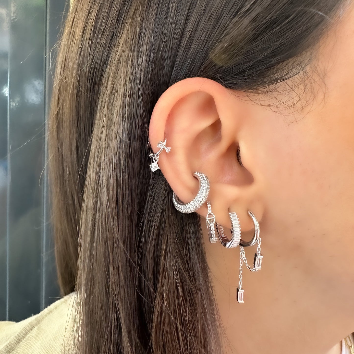 Chain Baguette Stone Hoop Earrings