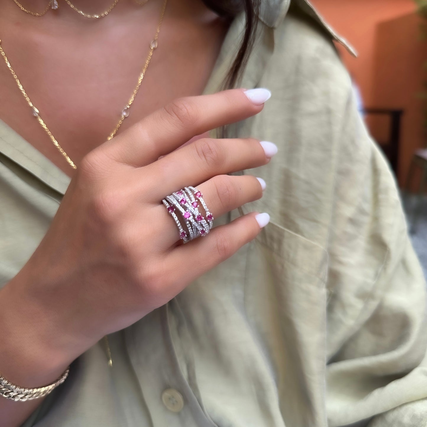 Crisscross Colorful Tiny Stone Detailed Ring