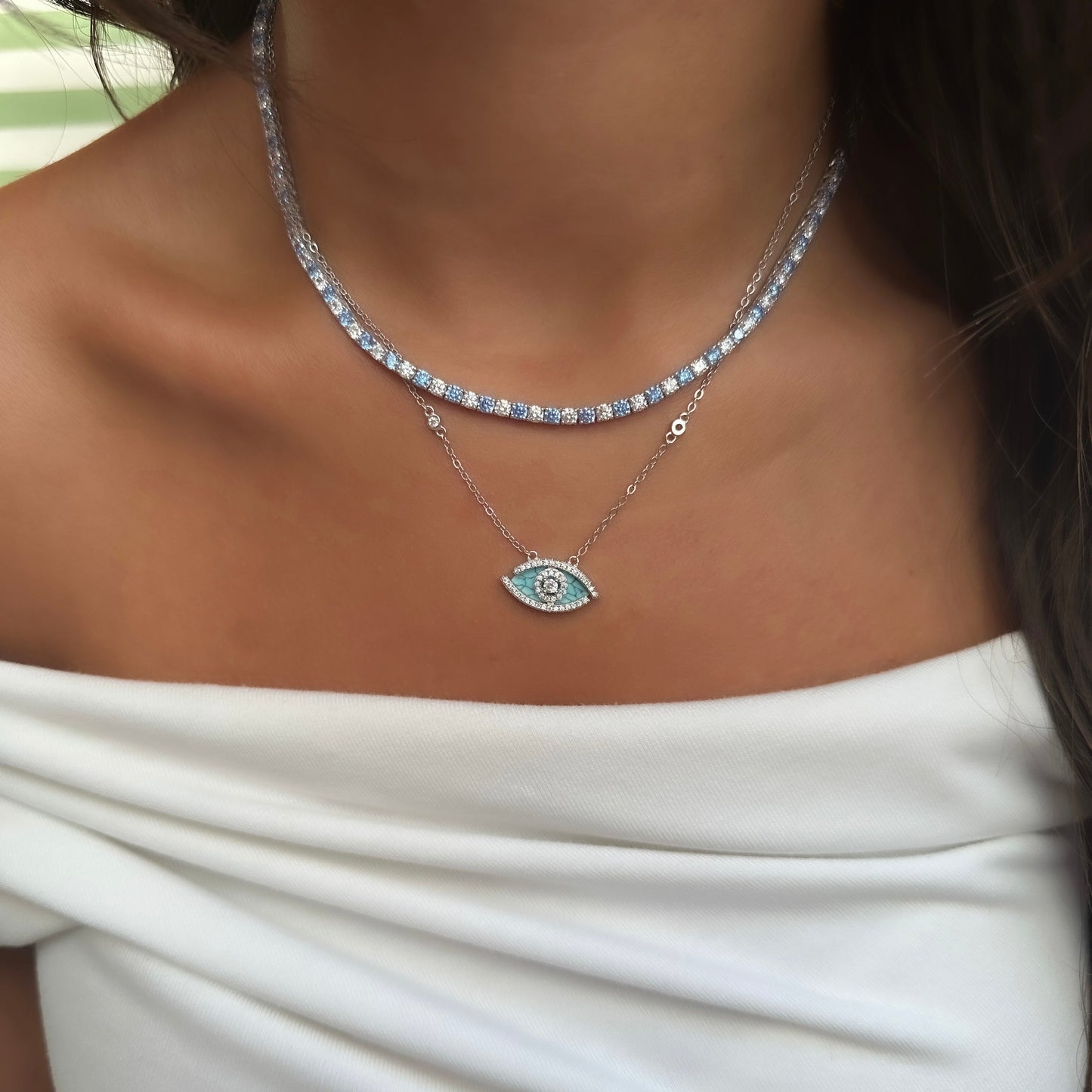 Three mm Aqua Stone Tennis Necklace