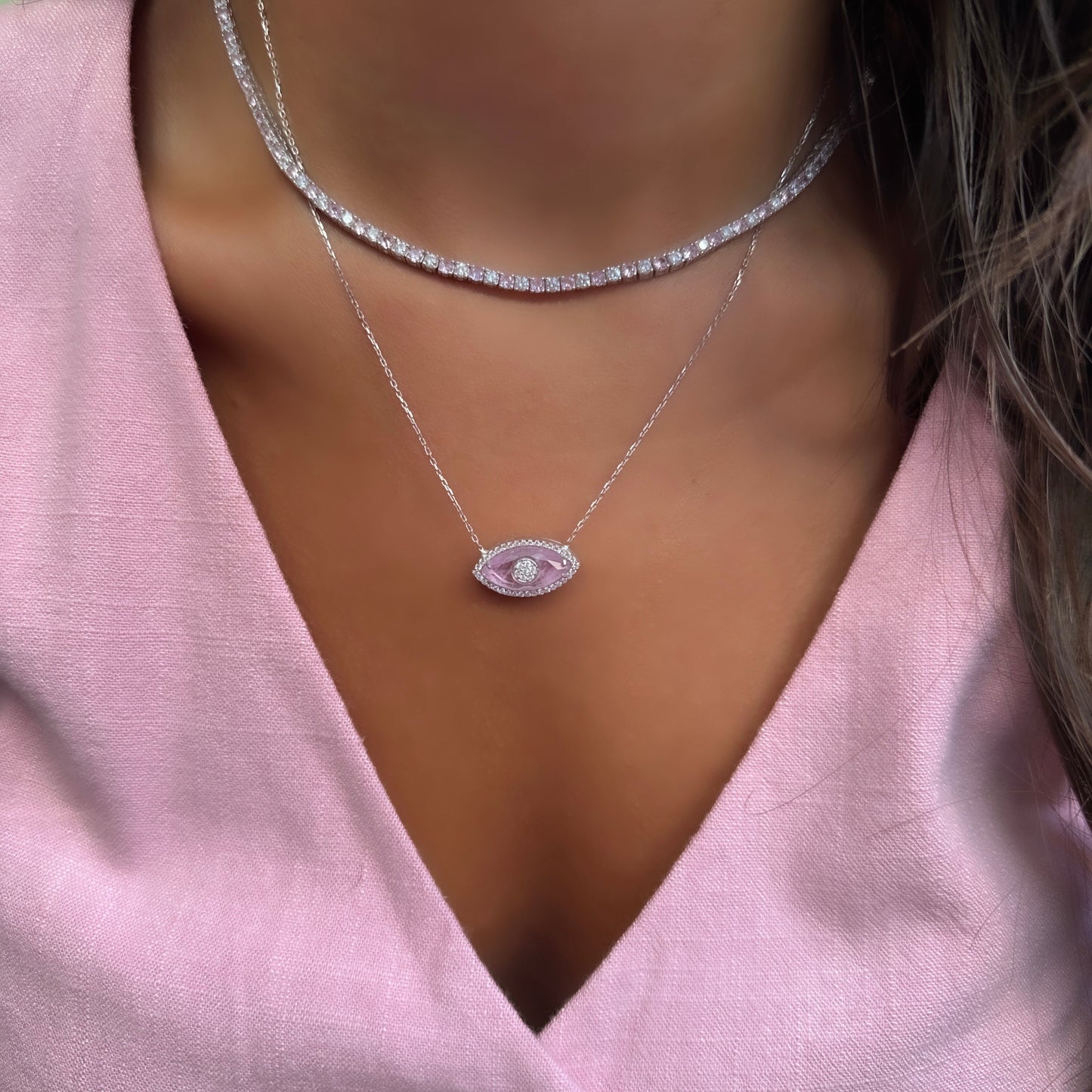 Two and a half mm Pink Stone Tennis Necklace