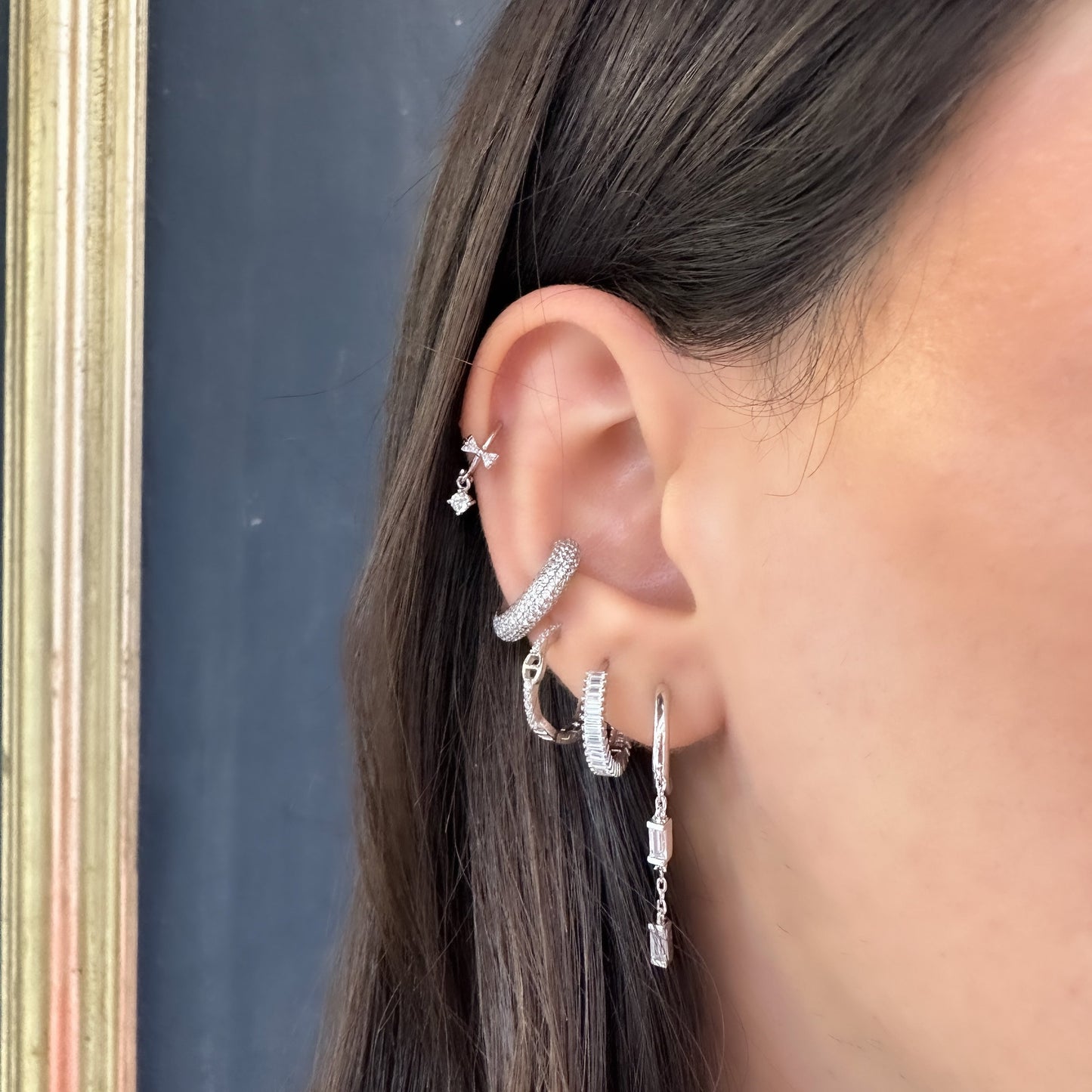 Chain Baguette Stone Hoop Earrings