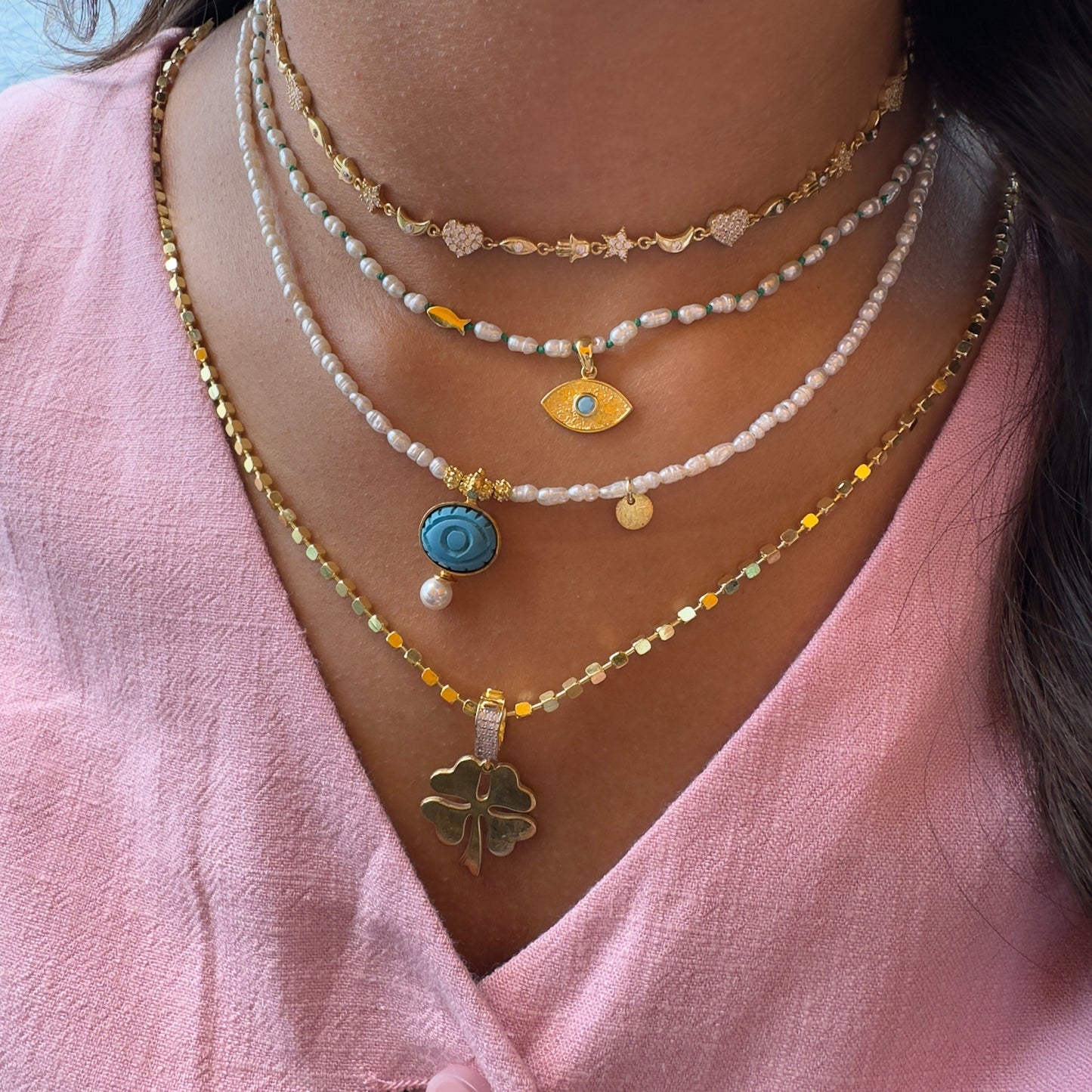 Pearl Turquoise Stone Detailed Necklace