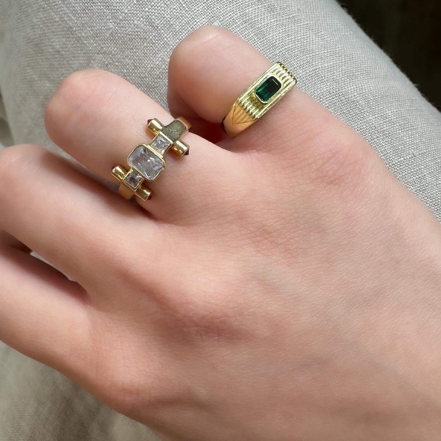 Striped Ring with Colorful Baguette Stone