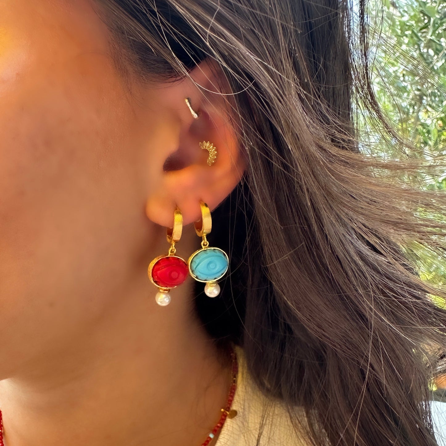 Turquoise Stone Eye Model Hoop Earrings