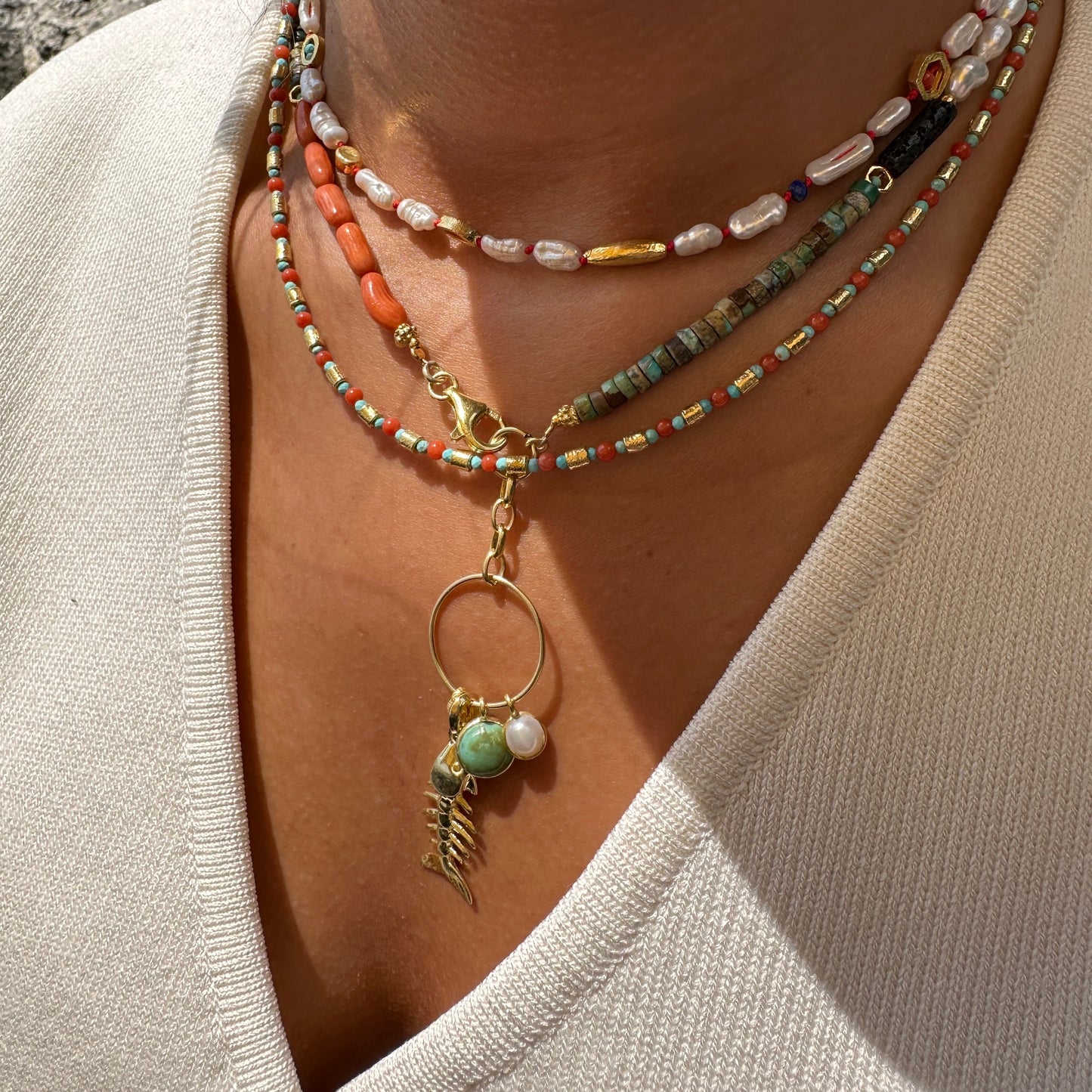 Turquoise and Coral Stone Natural Stone Necklace