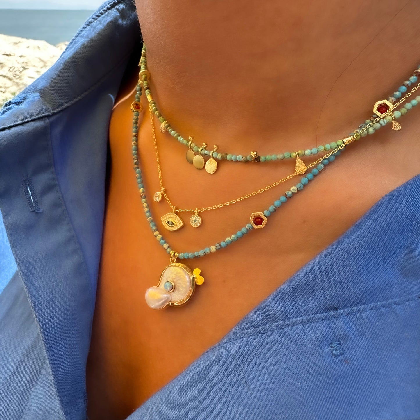 Solitaire and Blue Beaded Eye Necklace