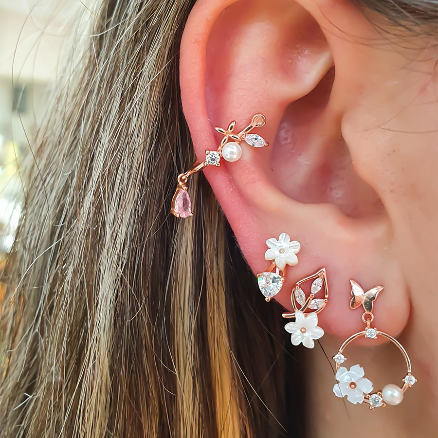3 Stone Leaf Pearl Earrings