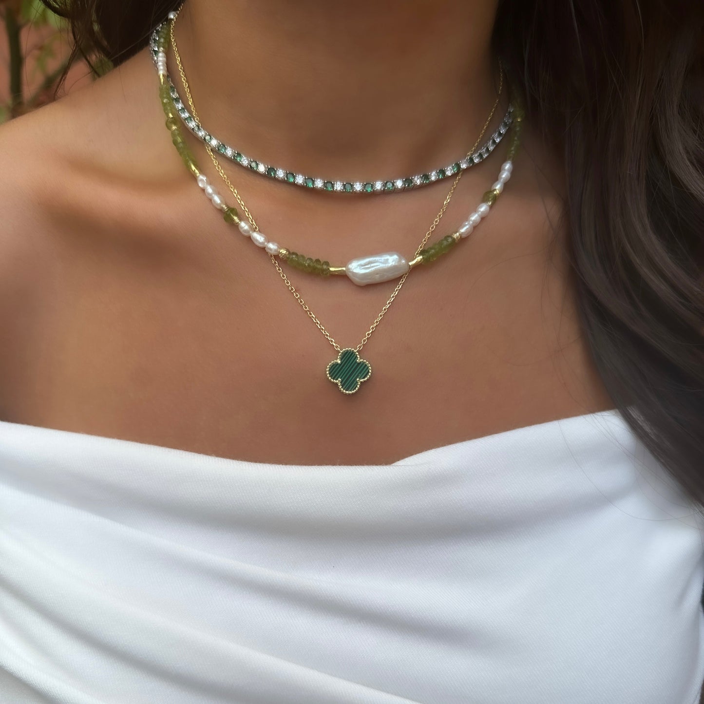 Three mm Green Stone Tennis Necklace