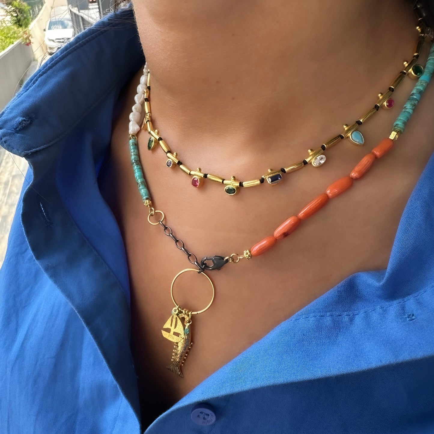 Colorful Stone Pearl Fish Pendant Necklace