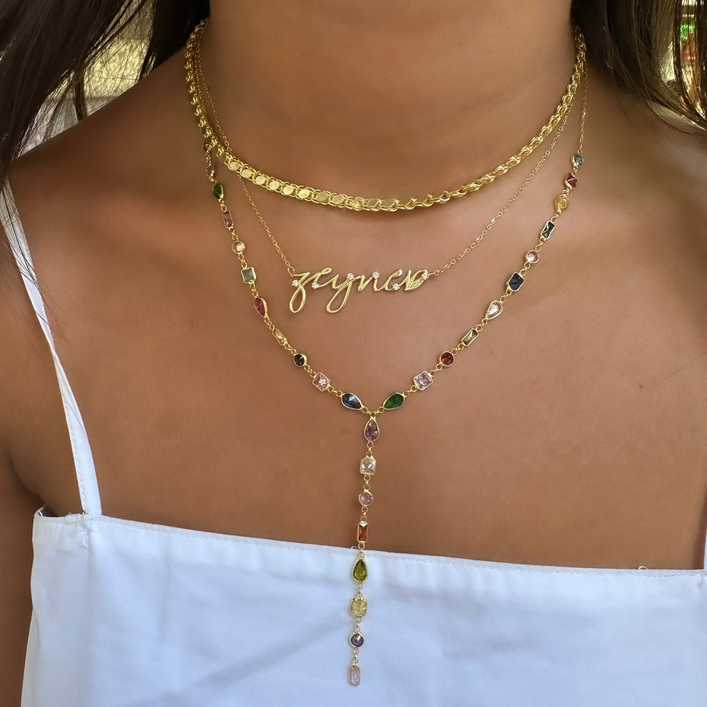 Drop Model Colored Stone Y Necklace