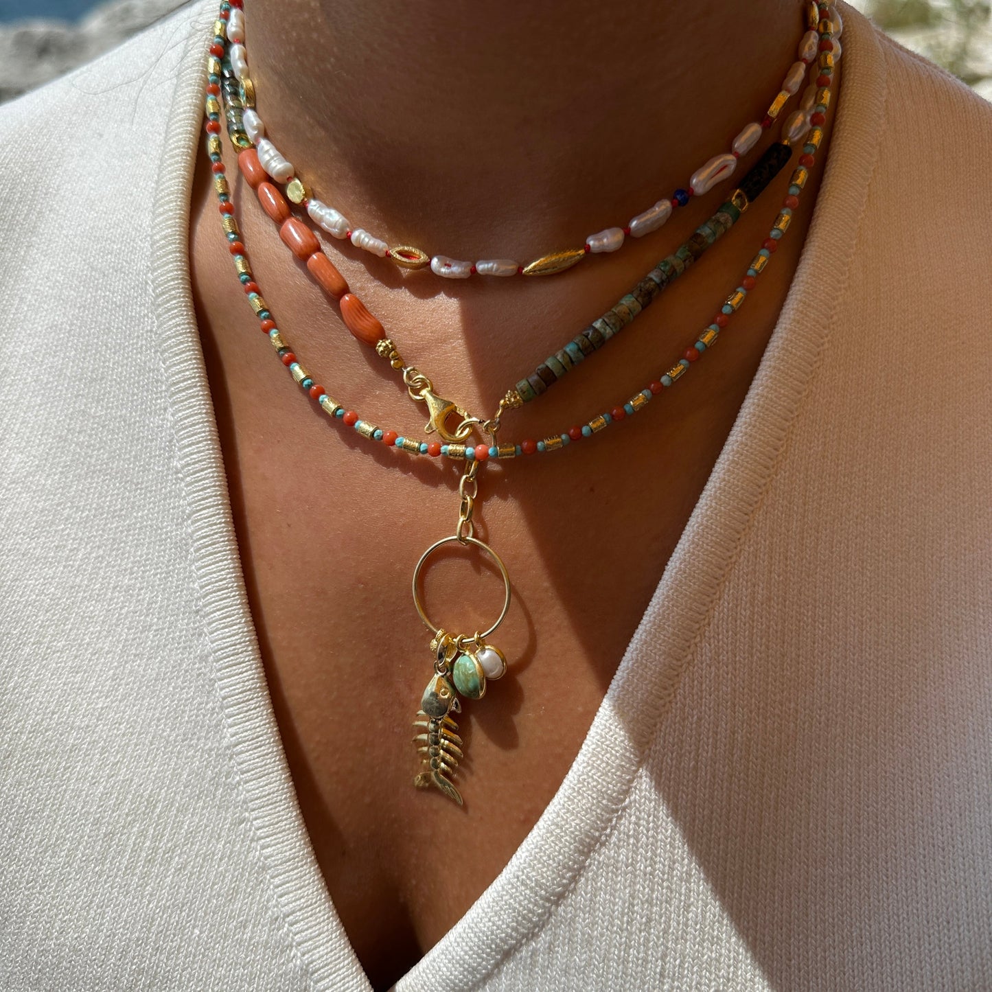 Turquoise and Coral Stone Natural Stone Necklace
