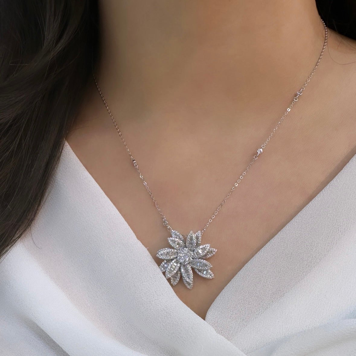 Baguette Stone Flower Design Necklace