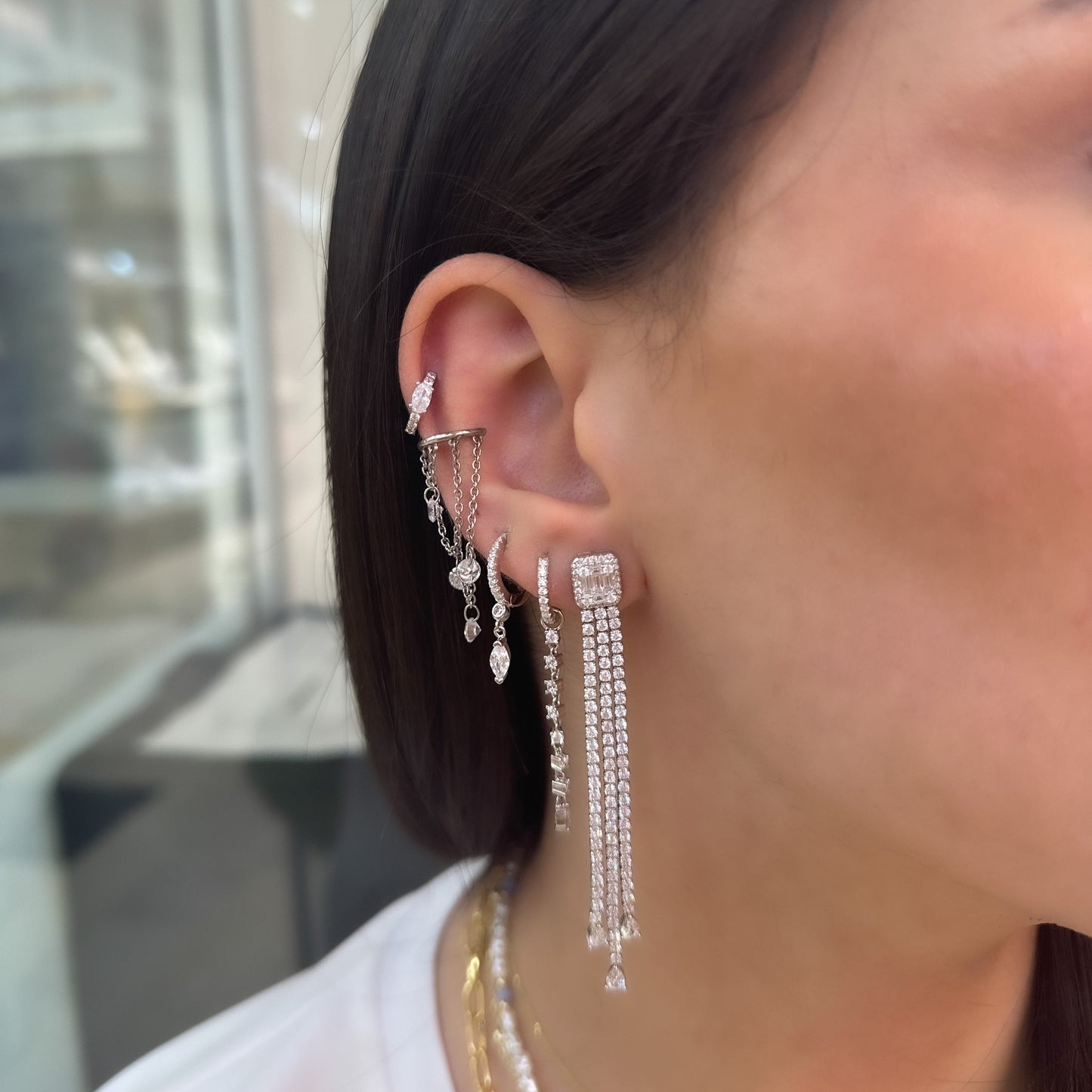 Three Row Tennis Dangling Baguette Earrings
