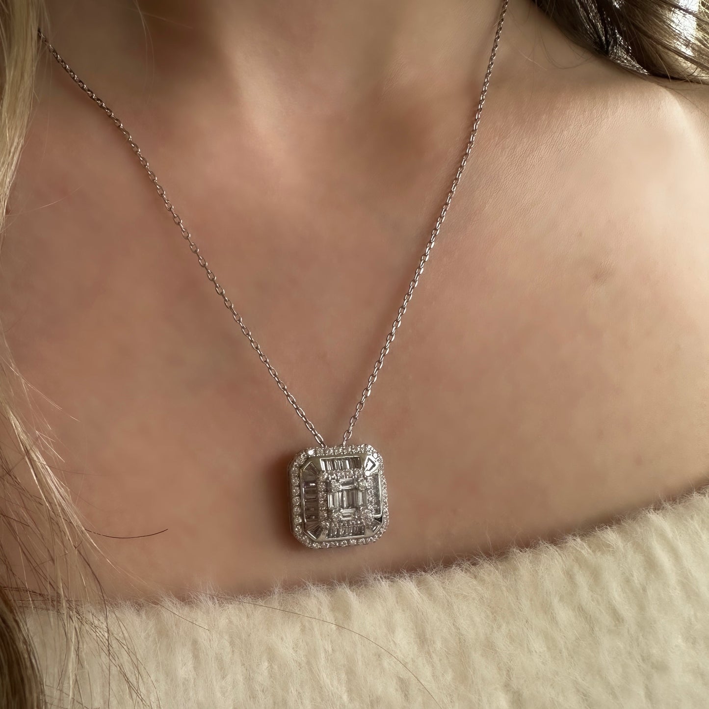 Square Design Baguette Stone Necklace