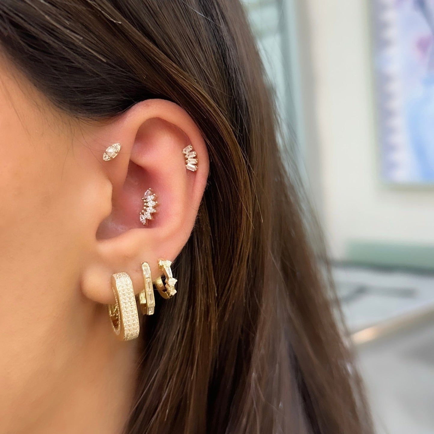 Three Row Stone Hoop Earrings