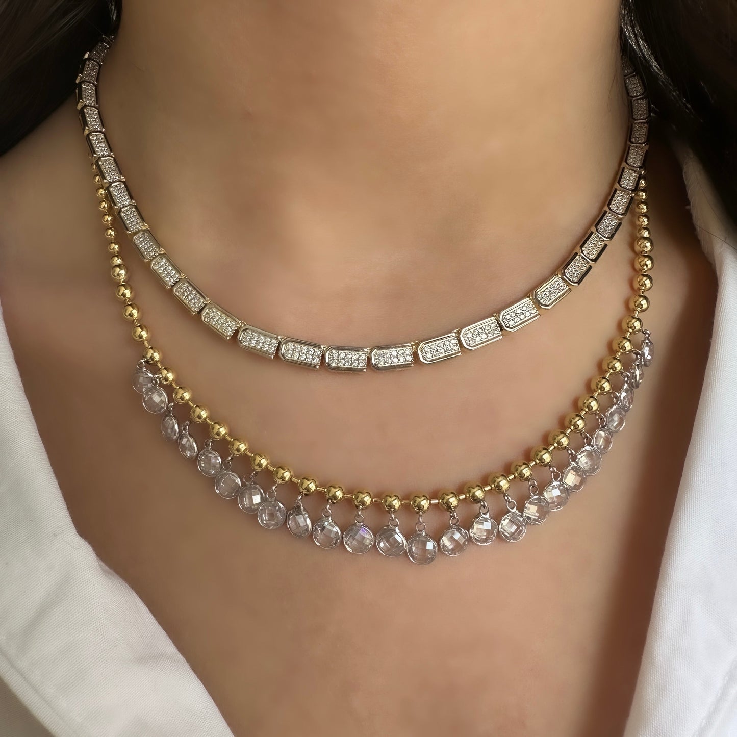 Ball Chain Pendant Round Stone Necklace