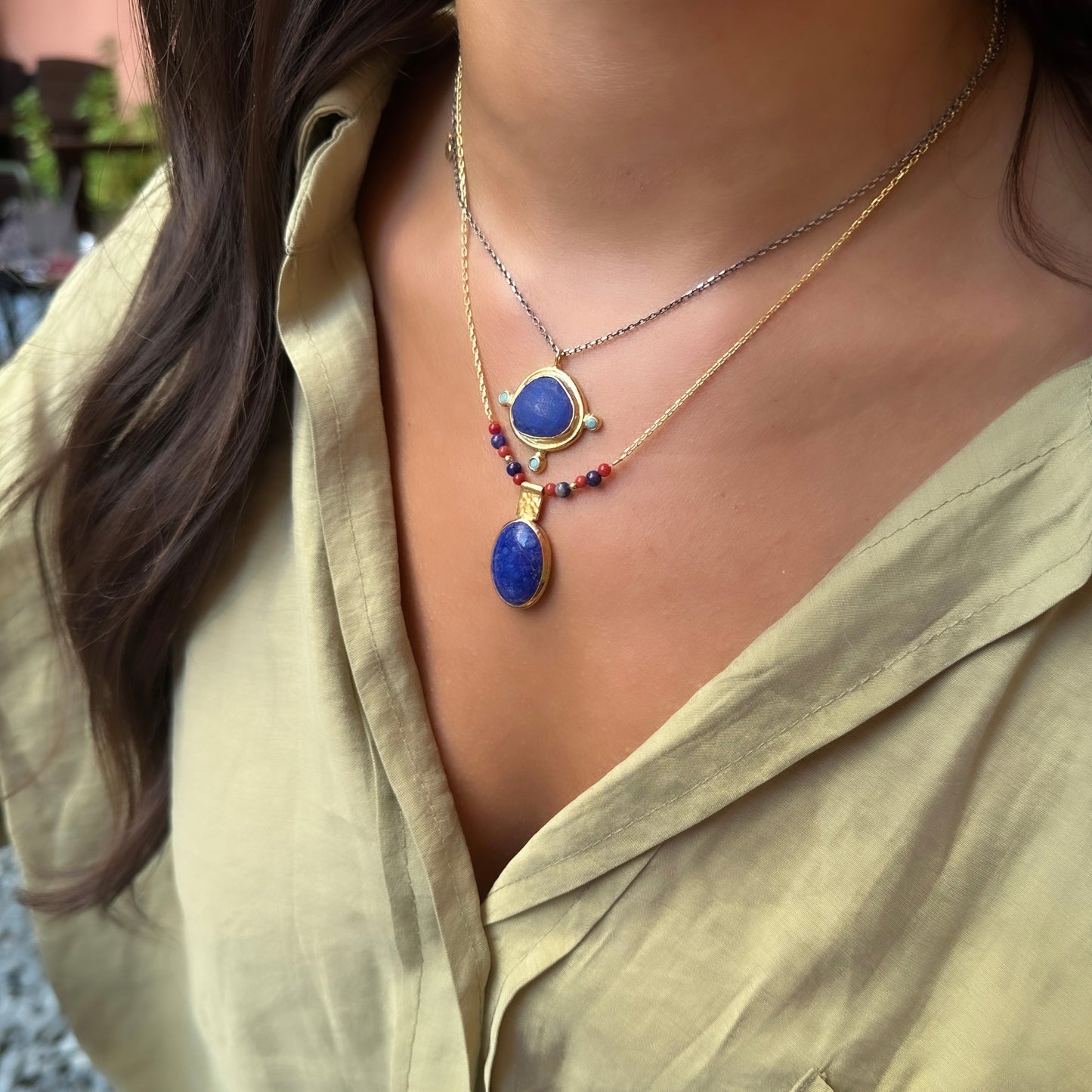 Natural Stone Necklace with Lapis and Turquoise Stones