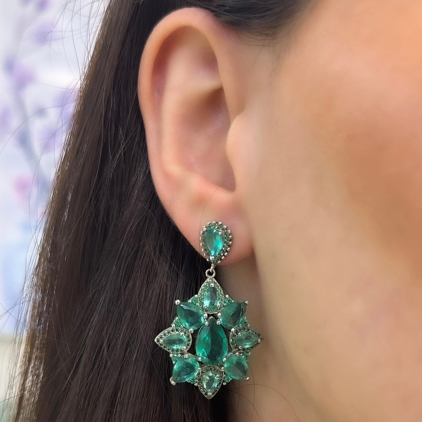 Green Stone Drop Evening Dress Earrings
