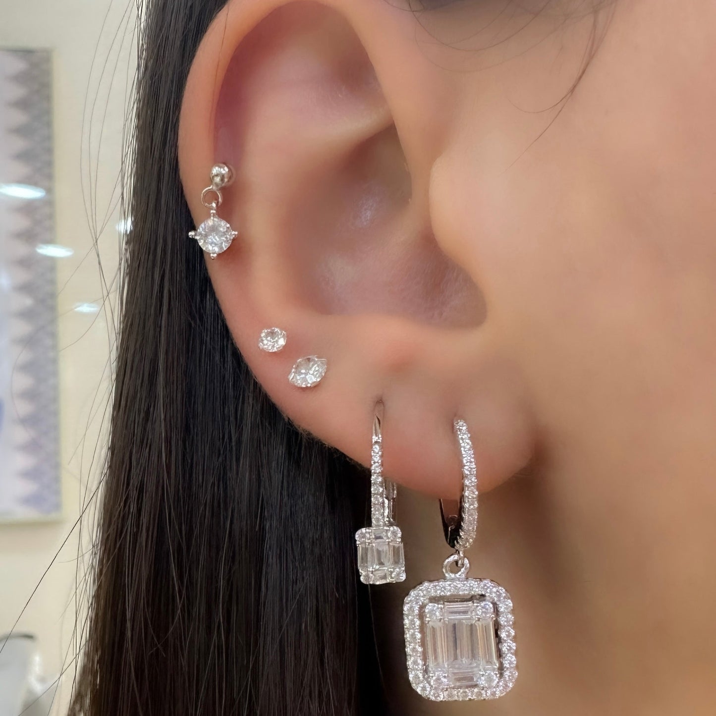 Stone Baguette Hoop Earrings