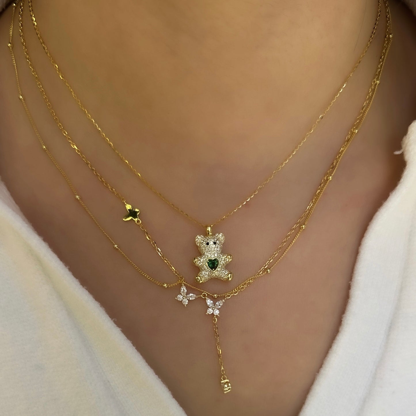 White Stone Teddy Bear Necklace