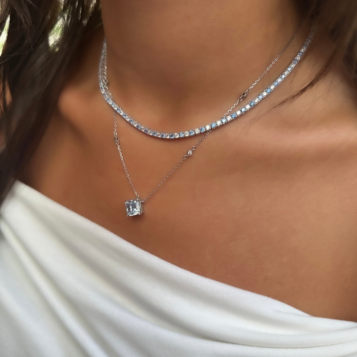 Two and a half mm Aqua Stone Tennis Necklace