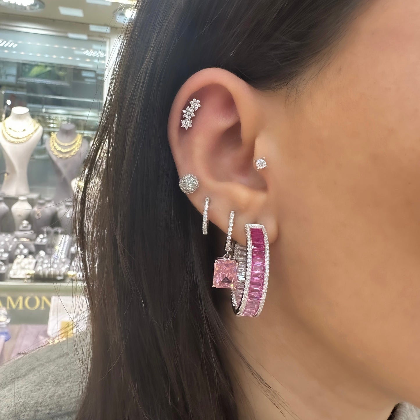 Pink Tone Baguette Stone Hoop Earrings