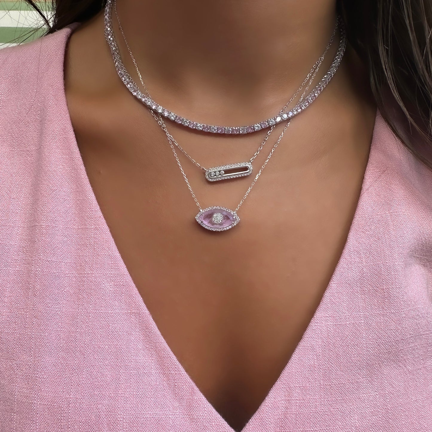 Three mm Pink Stone Tennis Necklace