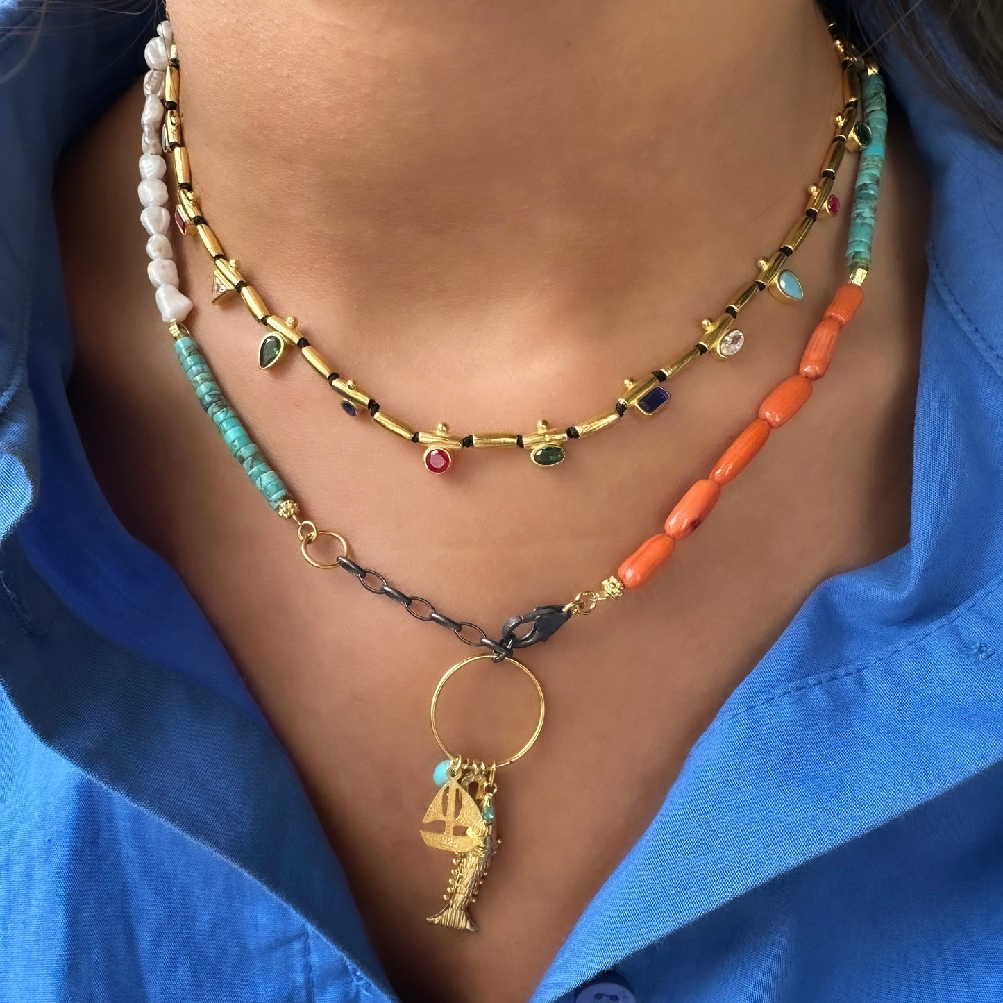 Colorful Stone Pearl Fish Pendant Necklace
