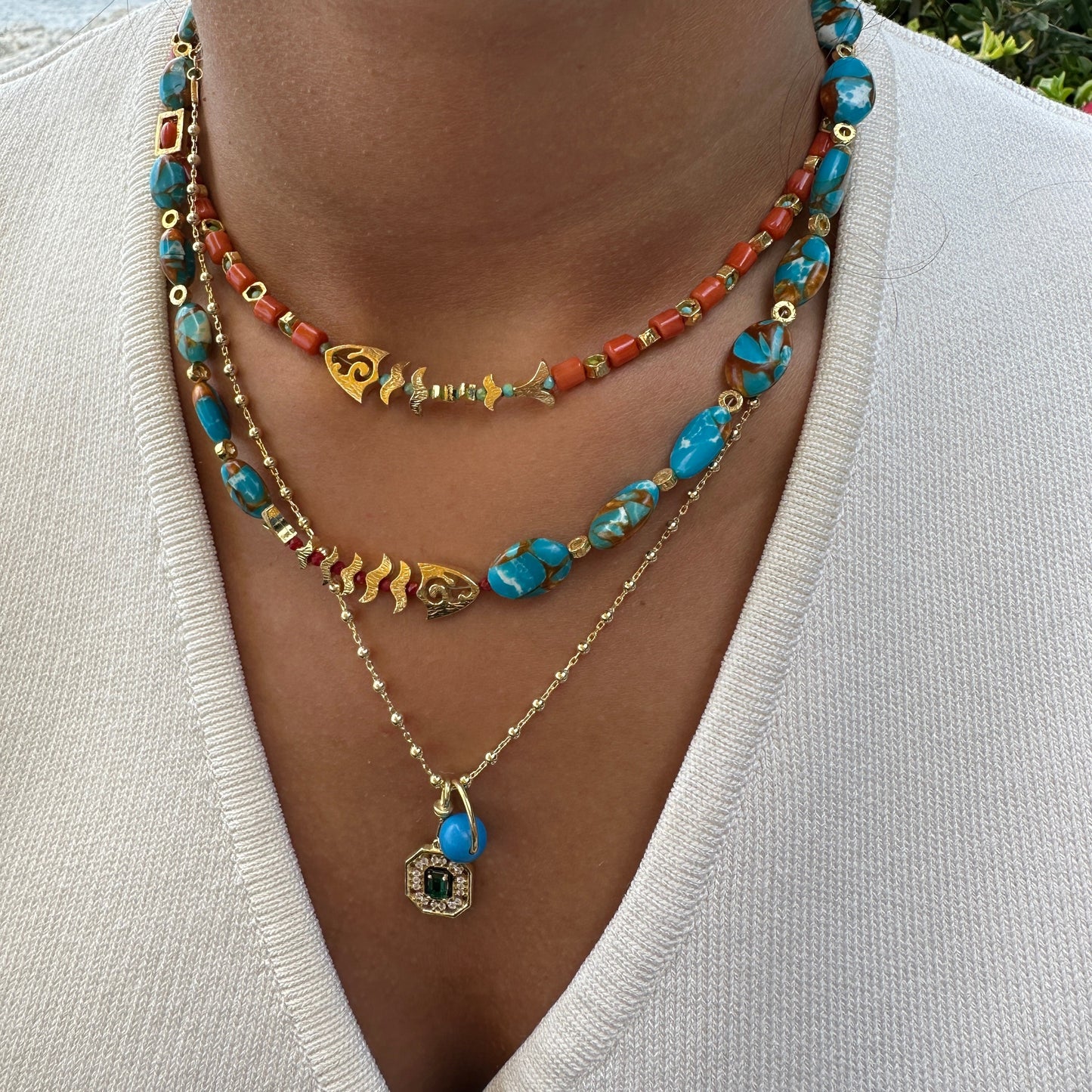 Fish Detailed Coral Stone Natural Stone Necklace