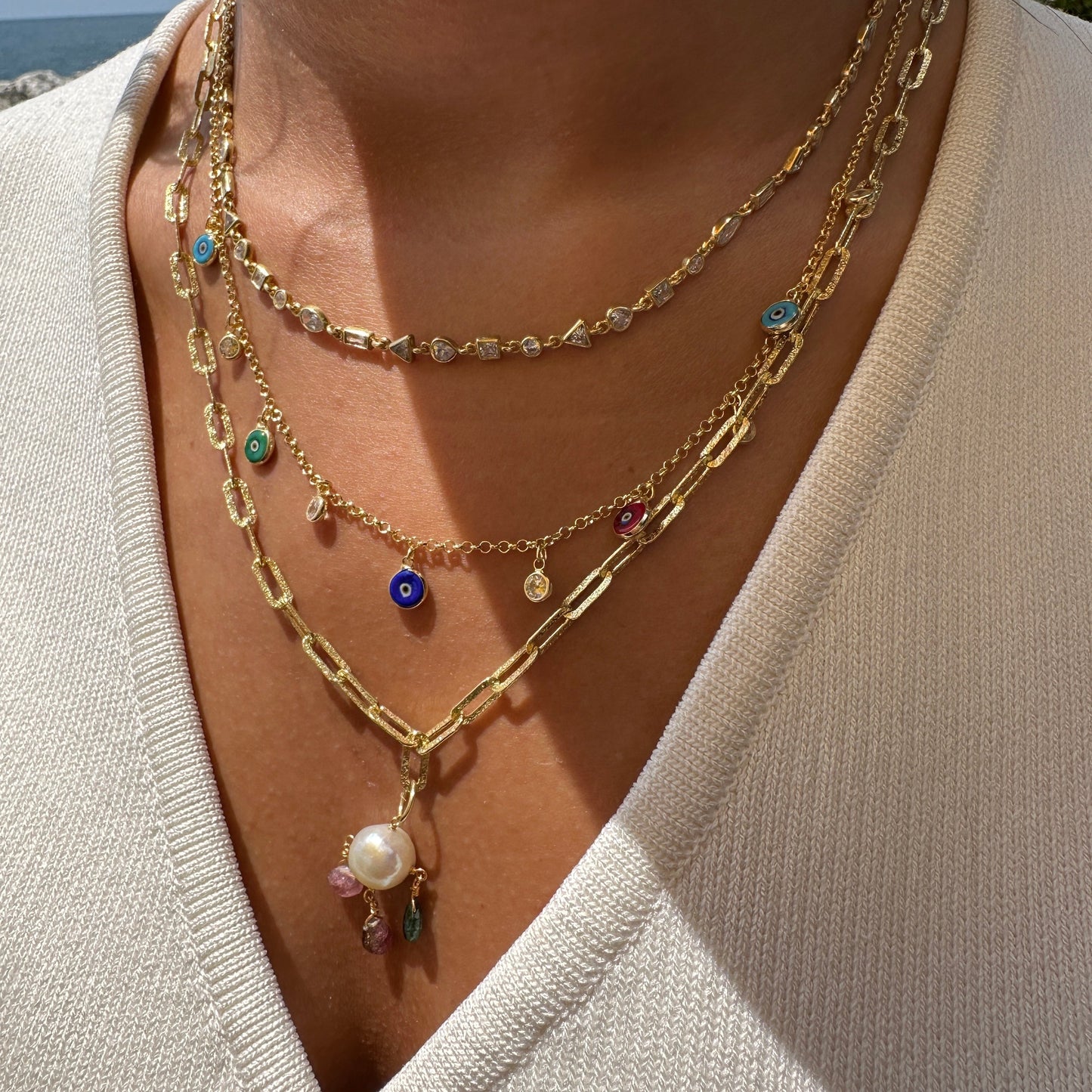 Laser Cut Paperclip Colorful Stone Pearl Necklace
