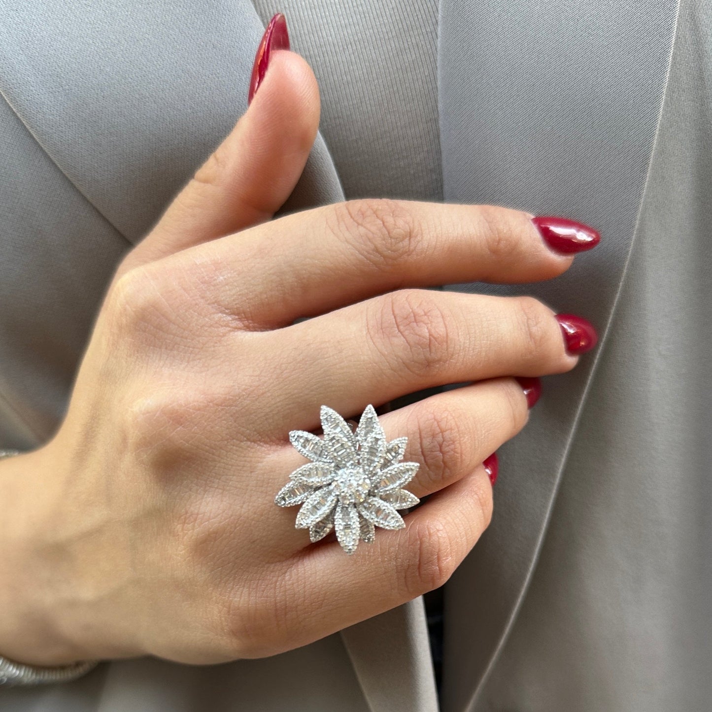 Baguette Stone Flower Design Ring