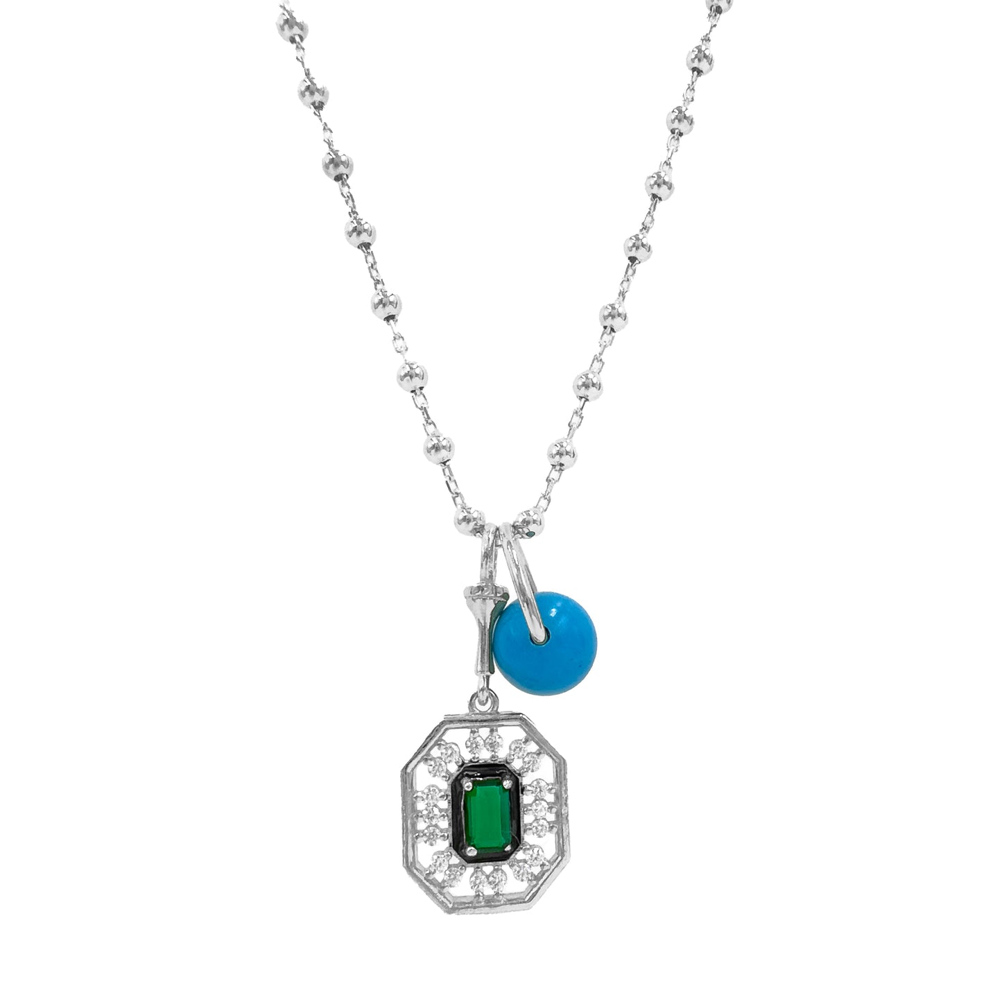 Blue Bead Detailed Green Stone Modern Top Model Chain Necklace