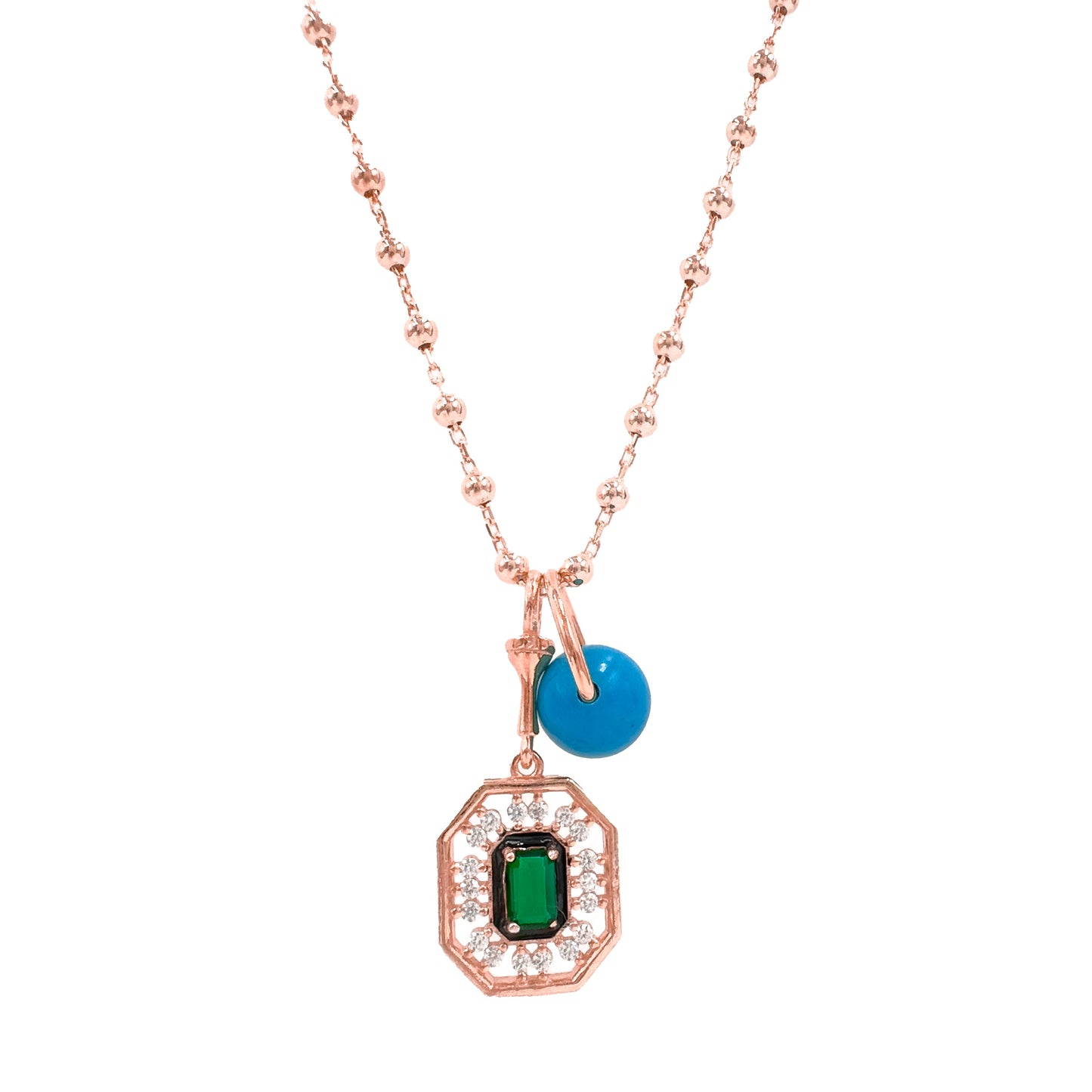 Blue Bead Detailed Green Stone Modern Top Model Chain Necklace