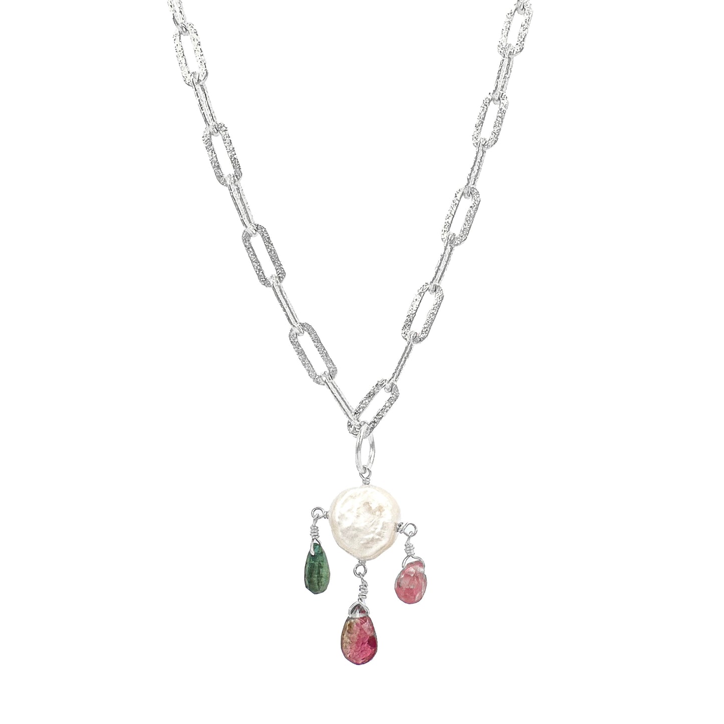 Laser Cut Paperclip Colorful Stone Pearl Necklace