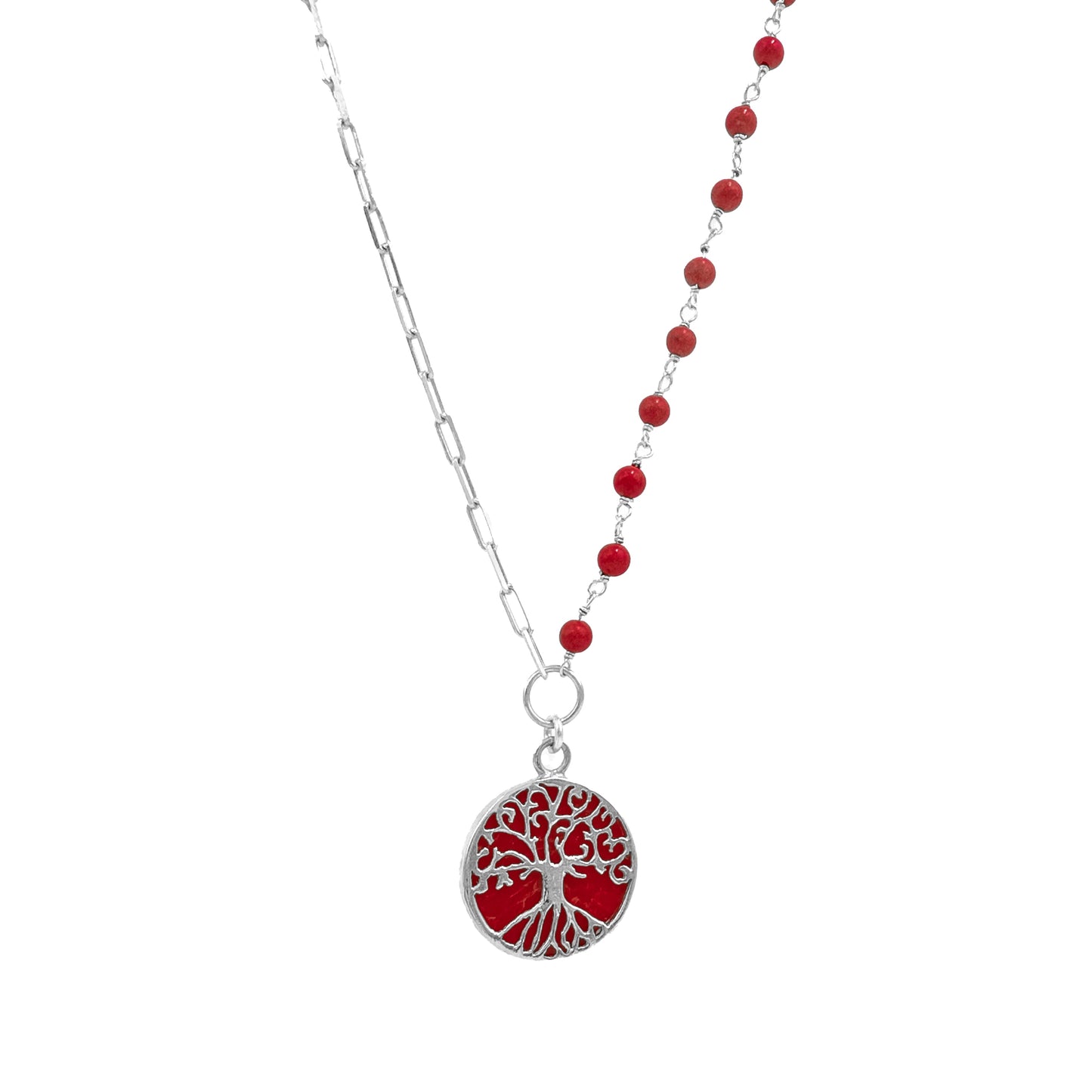 Tree of Life Necklace with Coral Stone Chain Detail