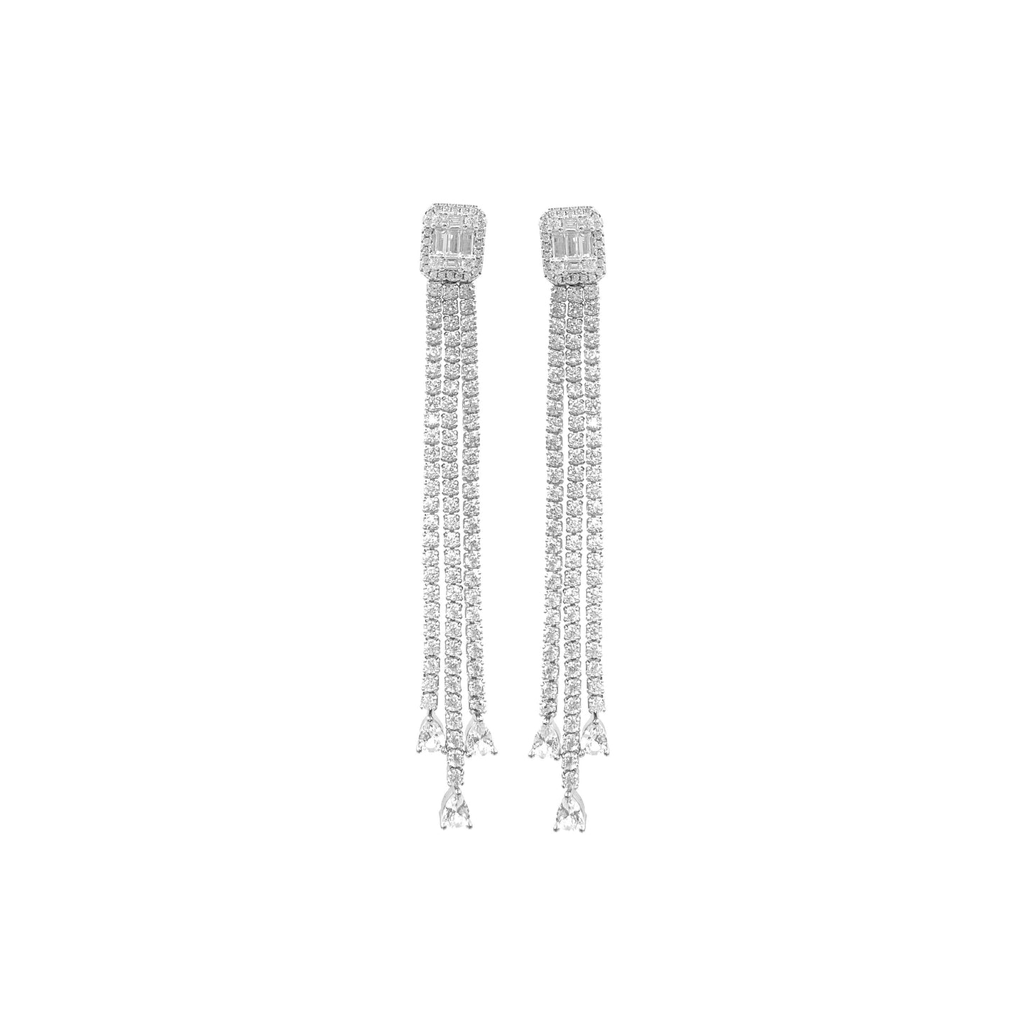 Three Row Tennis Dangling Baguette Earrings