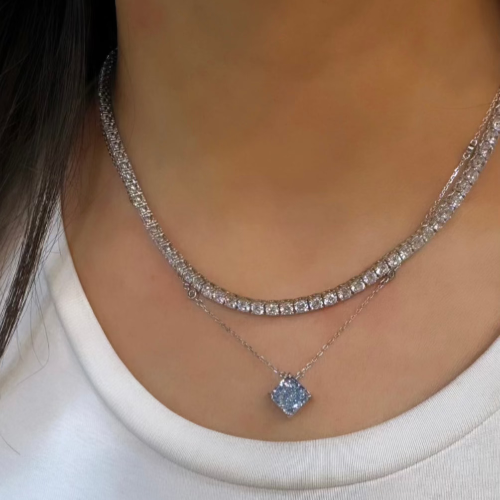 Blue Moissanite Square Necklace