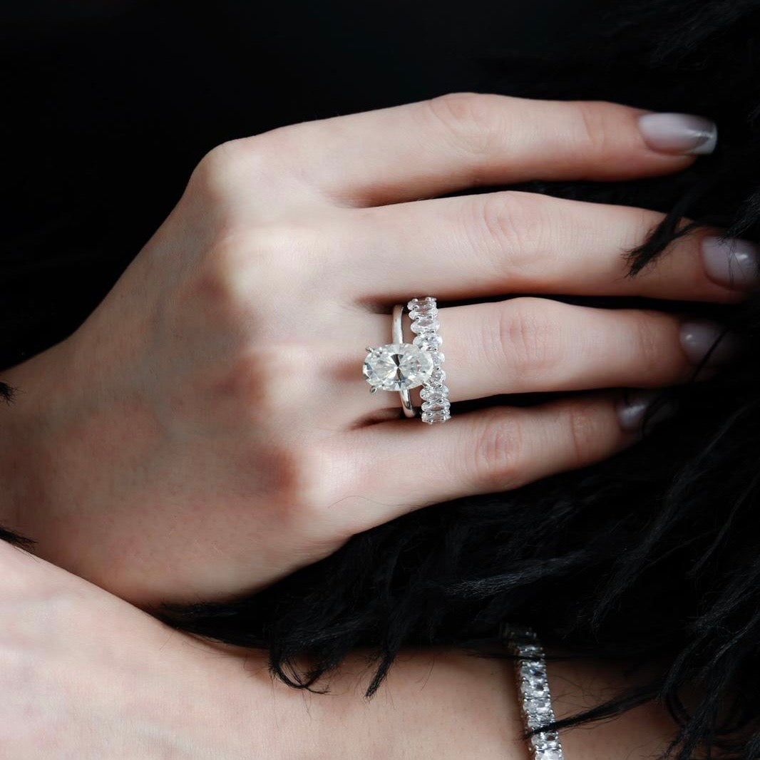 Moissanite Long Oval Solitaire Ring