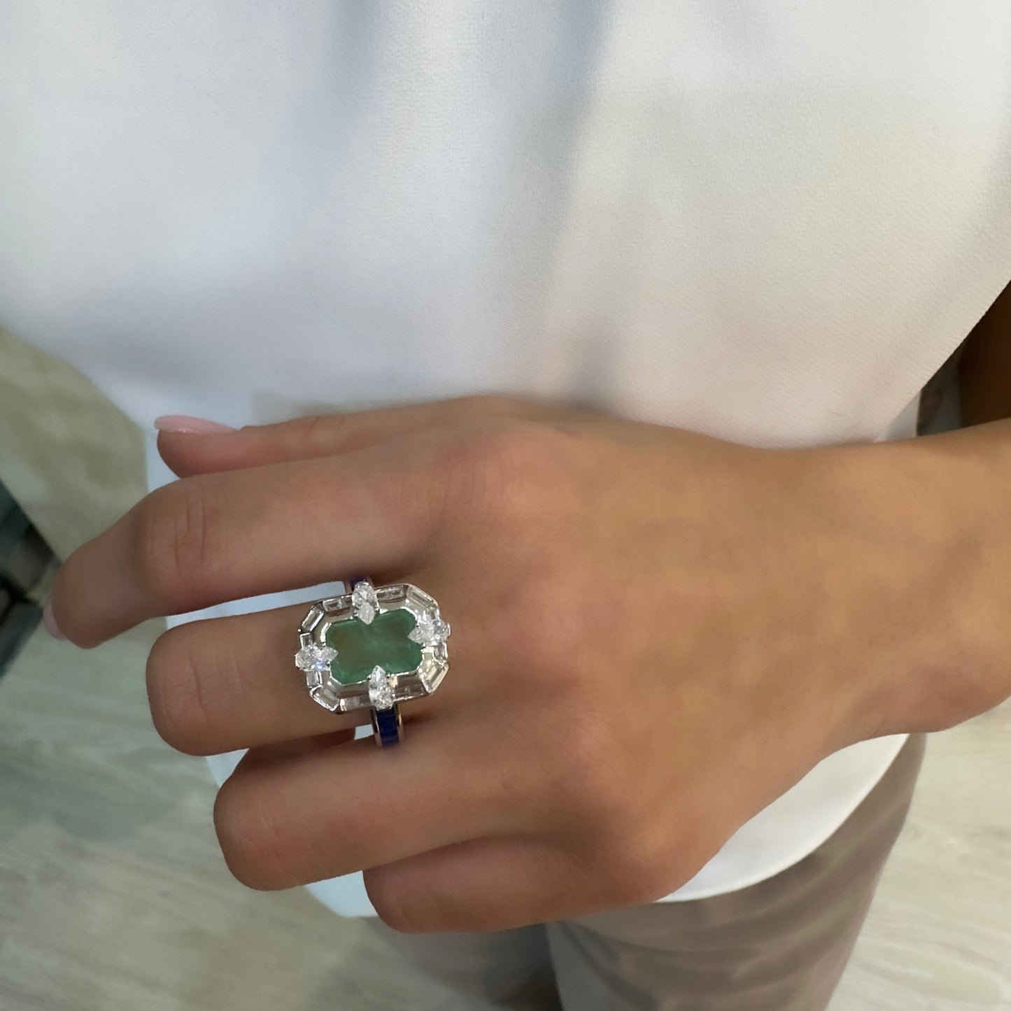 Green - White Emerald Cut Stone Ring