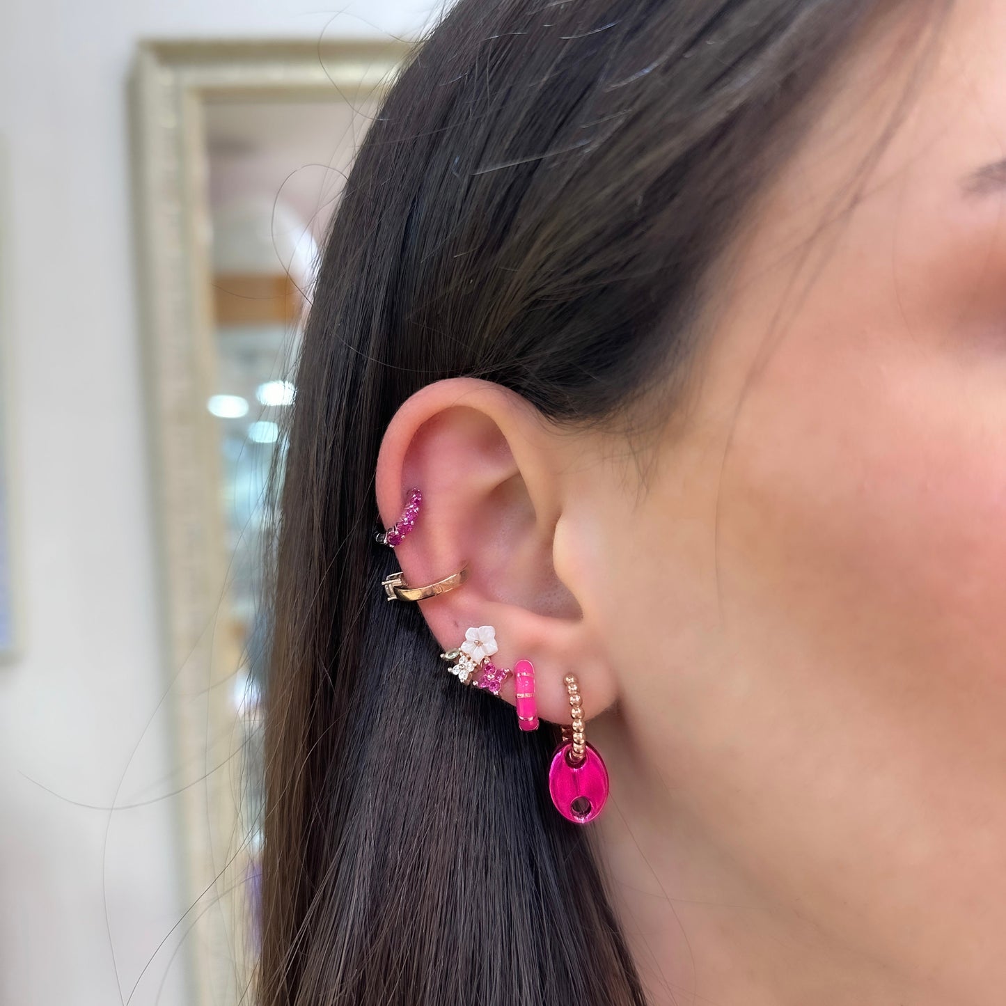 Dark Pink Enamel Hoop Earrings