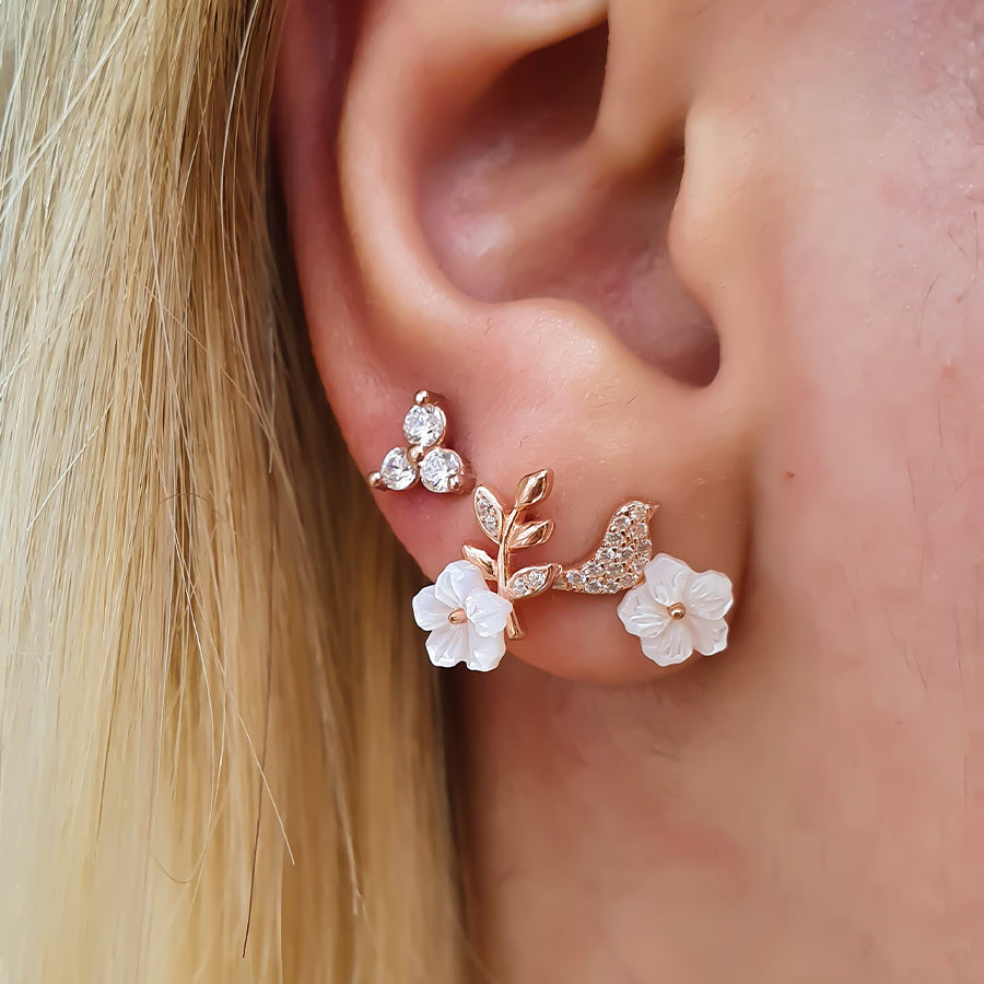 Leaf and Bird Mother of Pearl Earrings