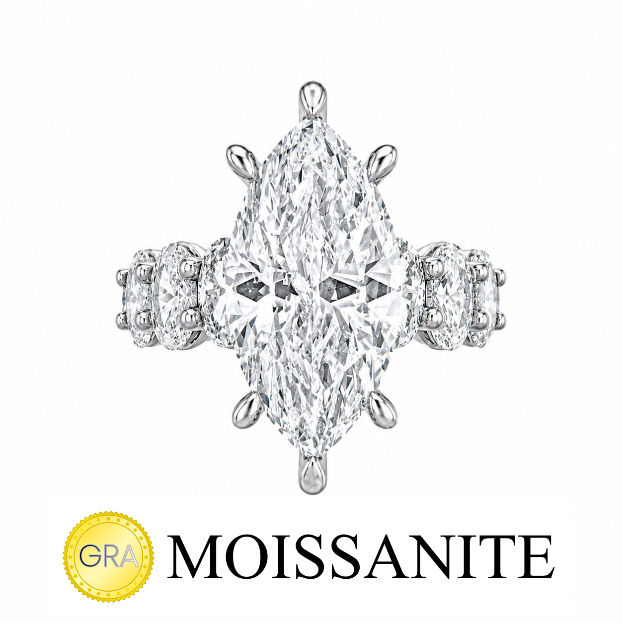 Marquise Moissanite Ring with Oval Stones on the Band