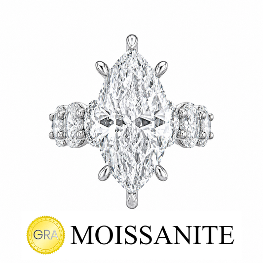 Marquise Moissanite Ring with Oval Stones on the Band