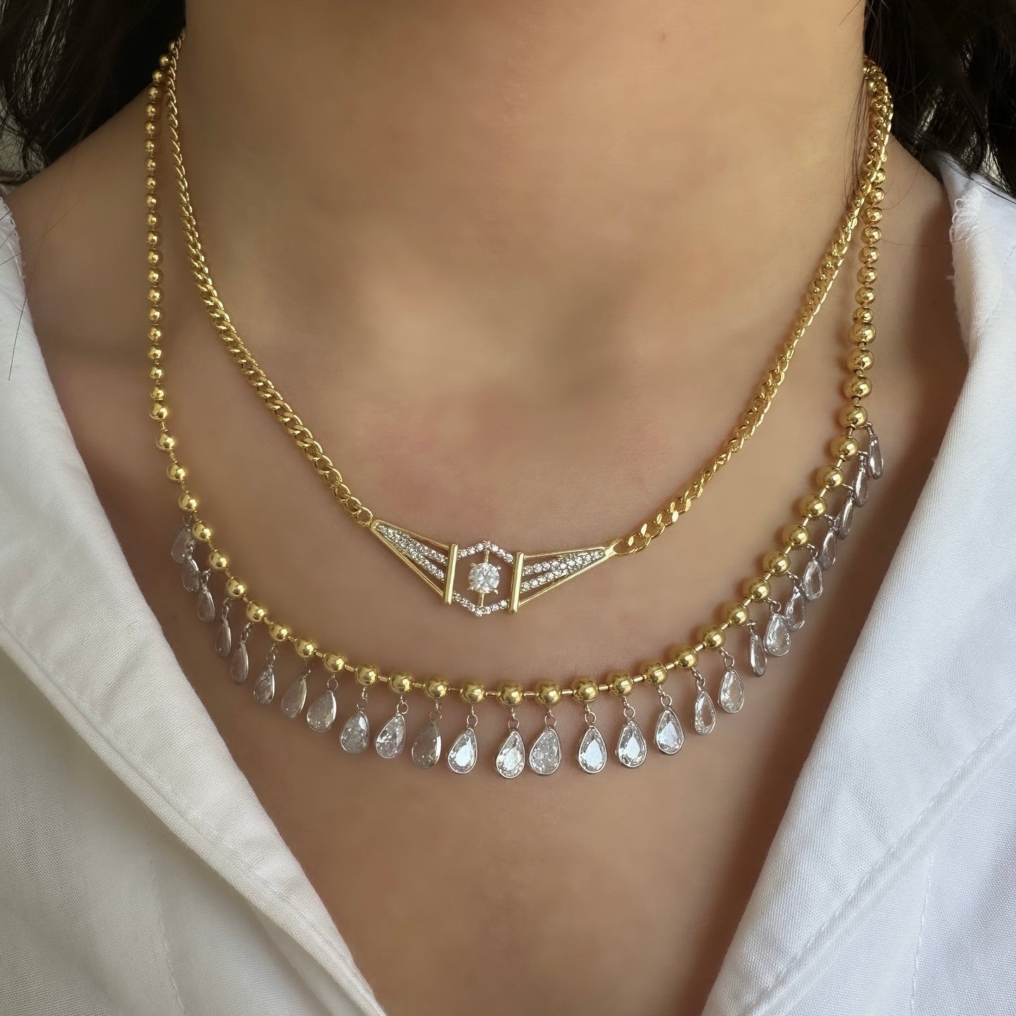 Ball Chain Pendant Drop Stone Necklace