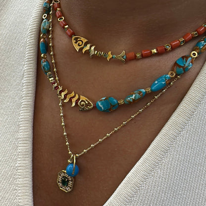 Fish Detailed Coral Stone Natural Stone Necklace