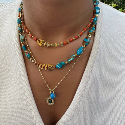 Fish Detailed Coral Stone Natural Stone Necklace