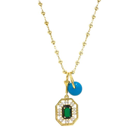 Blue Bead Detailed Green Stone Modern Top Model Chain Necklace