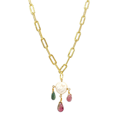 Laser Cut Paperclip Colorful Stone Pearl Necklace